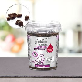 PLATINUM Natural Pet Food & Care Click-Bits, Pui si Miel, Recompense Fara Cereale Pentru Caini, 300g