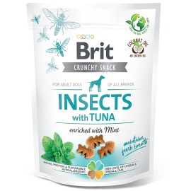 BRIT CARE Crunchy Snack, Insecte, Ton si Menta, Recompense Hipoalergenice, Fara Cereale, Caini, Respiratie Fresh, 200g