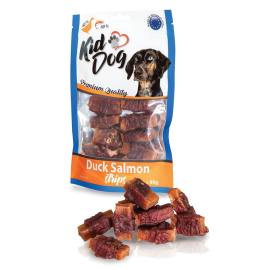KIDDOG Fâșii de Somon cu Rață pentru Câini, 80 g – Recompense Delicioase cu 90% Carne și Pește