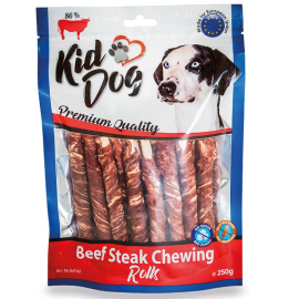 KIDDOG Rulouri cu Friptură de Vită – Snacks-uri de Mestecat pentru Câini, 8 mm / 12 cm, 250g