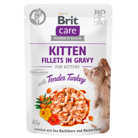 BRIT CARE Kitten Fillet in Gravy, Pui si Curcan, Plic Hrana Umeda, Fara Cereale,  Pisici Junior (file in sos) 85g