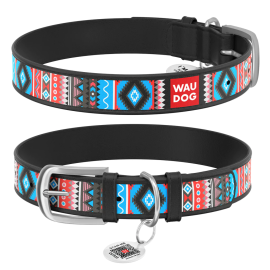 WAUDOG Design, Zgarda Piele Caini, cu Smart ID Tag, Model Etno Negru, Marime XL 46-60cm