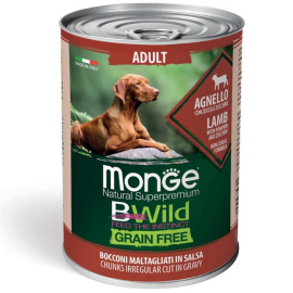 MONGE BWild Adult Grain Free, cu Miel, Dovleac și Dovlecel – Conserva  Hrană Umedă Fără Cereale pentru Caini (bucatele in sos), 400g