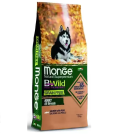 MONGE BWild Grain Free Adult All Breeds, cu Somon, Hrana Uscata Fara Cereale Pentru Caini, 12kg