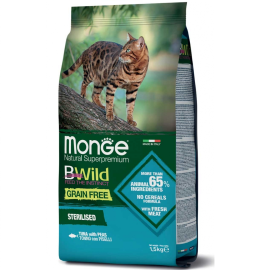 MONGE BWild Grain Free Cat Sterelised, cu Ton și Mazăre – Hrană Uscată Fără Cereale, pentru Pisici Sterilizate 1.5kg