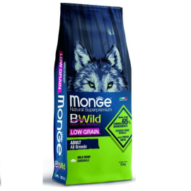 MONGE BWild Low Grain cu Mistreț – Hrană Uscată Superpremium pentru Câini Adulti, 12kg