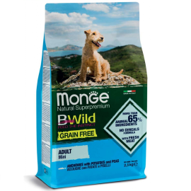 MONGE Bwild Mini Grain Free, cu Anșoa, Cartofi și Mazăre – Hrană Uscată Superpremium pentru Câini Adulți de Talie Mică, 2.5 kg