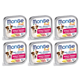 MONGE Dog Fruit, cu Porc si Ananas, Set Conserve Hrana Umeda Fara Cereale Pentru Caini 6x100g