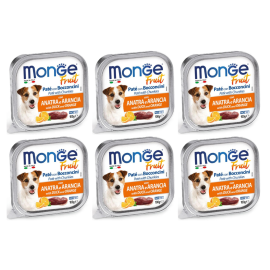 MONGE Dog Fruit, cu Rata si Portocale, Set Conserve Hrana Umeda Fara Cereale Pentru Caini 6x100g