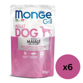 MONGE Dog Grill, cu Porc, Set Plicuri Hrana Umeda Fara Cereale Pentru Caini, 6x100g