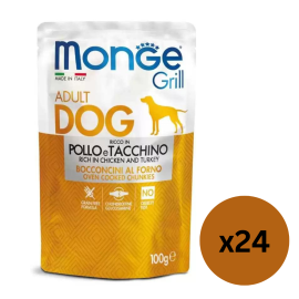 MONGE Dog Grill, cu Pui si Curcan, Set Plicuri Hrana Umeda Fara Cereale Pentru Caini, 24x100g