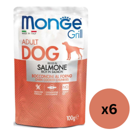 MONGE Dog Grill, cu Somon, Set Plicuri Hrana Umeda Fara Cereale Pentru Caini, 6x100g