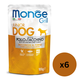 MONGE Dog Grill Puppy, cu Pui si Curcan, Set Plicuri Hrana Umeda Fara Cereale Pentru Pui de Catel, 6x100g