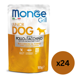 MONGE Dog Grill Puppy, cu Pui si Curcan, Set Plicuri Hrana Umeda Fara Cereale Pentru Pui de Catel, 24x100g