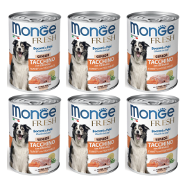 MONGE Fresh, cu Curcan si Vegetale, Set Conserve Hrana Umeda Pentru Caini Seniori (pateu cu bucatele de carne), 6x400g
