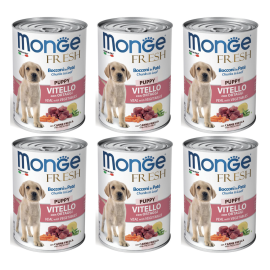 MONGE Fresh, cu Vitel si Vegetale, Set Conserve Hrana Umeda Pentru Caini Juniori (pateu cu bucatele de carne), 6x400g