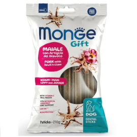 MONGE Gift Medium - Maxi Junior Dental Sticks, cu Porc, Recompense Caini Juniori Tale Medie sau Mare, Pentru Igiena Orala, 210g