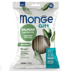 MONGE Gift Mini Adult Dental Sticks, cu Somon si Salvie, Recompense Caini Pentru Igiena Orala, 120g