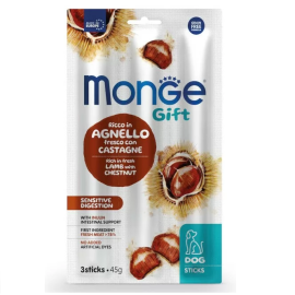 MONGE Gift Sensitive Digestion, cu Miel si Castane, Recompense Pentru Caini cu Sensibilitate Digestiva, Folie x3sticks, 45g