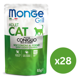 MONGE Grill Adult Cat, cu Iepure, Set Plicuri Hrana Umeda Fara Cereale Pentru Pisici (bucatele carne in aspic), 28x85g
