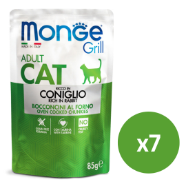 MONGE Grill Adult Cat, cu Iepure, Set Plicuri Hrana Umeda Fara Cereale Pentru Pisici (bucatele carne in aspic), 7x85g