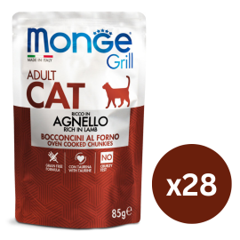 MONGE Grill Adult Cat, cu Miel, Set Plicuri Hrana Umeda Fara Cereale Pentru Pisici (bucatele carne in aspic), 28x85g