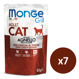 MONGE Grill Adult Cat, cu Miel, Set Plicuri Hrana Umeda Fara Cereale Pentru Pisici (bucatele carne in aspic), 7x85g