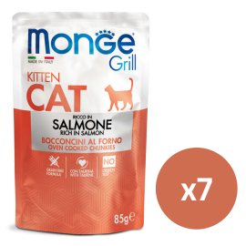 MONGE Grill Kitten, cu Somon, Set Plicuri Hrana Umeda Fara Cereale Pentru Pisoi (bucatele carne in aspic), 7x85g