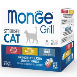 MONGE GRILL Multipack Sterelised Cat, cu Vitel, Cocos  si Pastrav, Set Plicuri Hrana Umeda Pisici 12x85g