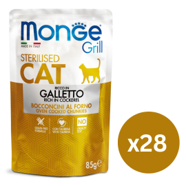 MONGE Grill Sterelized Cat, cu Cocos, Set Plicuri Hrana Umeda Fara Cereale Pentru Pisici Sterilizate (bucatele carne in aspic), 28x85g