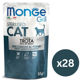 MONGE Grill Sterelized Cat, cu Pastrav, Set Plicuri Hrana Umeda Fara Cereale Pentru Pisici Sterilizate (bucatele carne in aspic), 28x85g