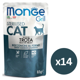 MONGE Grill Sterelized Cat, cu Pastrav, Set Plicuri Hrana Umeda Fara Cereale Pentru Pisici Sterilizate (bucatele carne in aspic), 14x85g