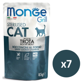 MONGE Grill Sterelized Cat, cu Pastrav, Set Plicuri Hrana Umeda Fara Cereale Pentru Pisici Sterilizate (bucatele carne in aspic), 7x85g