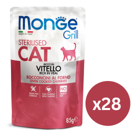 MONGE Grill Sterelized Cat, cu Vitel, Set Plicuri Hrana Umeda Fara Cereale Pentru Pisici Sterilizate (bucatele carne in aspic), 14x85g