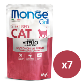 MONGE Grill Sterelized Cat, cu Vitel, Set Plicuri Hrana Umeda Fara Cereale Pentru Pisici Sterilizate (bucatele carne in aspic), 7x85g