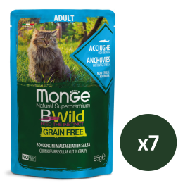 MONGE Natural BWild Adult Cat, cu Ansoa, Set Plicuri Hrana Umeda, Fara Cereale, Pentru Pisici (bucati carne in sos), 7x85g