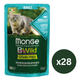 MONGE Natural BWild Adult Cat, cu Cod, Set Plicuri Hrana Umeda, Fara Cereale, Pentru Pisici (bucati carne in sos), 28x85g