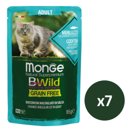 MONGE Natural BWild Adult Cat, cu Cod, Set Plicuri Hrana Umeda, Fara Cereale, Pentru Pisici (bucati carne in sos), 7x85g