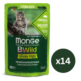 MONGE Natural BWild Sterilized Cat, cu Mistret, Set Plicuri Hrana Umeda, Fara Cereale, Pentru Pisici Sterilizate (bucati carne in sos), 14x85g