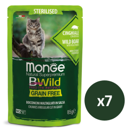 MONGE Natural BWild Sterilized Cat, cu Mistret, Set Plicuri Hrana Umeda, Fara Cereale, Pentru Pisici Sterilizate (bucati carne in sos), 7x85g