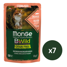 MONGE Natural BWild Sterilized Cat, cu Somon, Set Plicuri Hrana Umeda, Fara Cereale, Pentru Pisici Sterilizate (bucati carne in sos), 7x85g