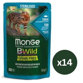 MONGE Natural BWild Sterilized Cat, cu Ton, Set Plicuri Hrana Umeda, Fara Cereale, Pentru Pisici Sterilizate (bucati carne in sos), 14x85g