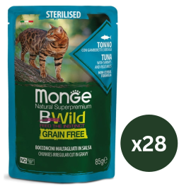 MONGE Natural BWild Sterilized Cat, cu Ton, Set Plicuri Hrana Umeda, Fara Cereale, Pentru Pisici Sterilizate (bucati carne in sos), 28x85g