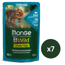 MONGE Natural BWild Sterilized Cat, cu Ton, Set Plicuri Hrana Umeda, Fara Cereale, Pentru Pisici Sterilizate (bucati carne in sos), 7x85g