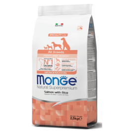 MONGE NATURAL Puppy & Junior All Breeds, Somon si Orez, Hrana Uscata Monoproteica Caine Junior, Digestie Optima | Piele Sanatoasa | Blana Stralucitoare, 2.5kg