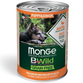 MONGE BWild Grain Free Puppy & Junior cu Rață, Dovleac și Dovlecel – Conserva  Hrană Umedă Fără Cereale pentru Caini Juniori (bucatele in sos), 400g