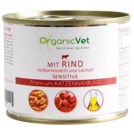 OrganicVet Feline Sensitive, cu Vita, Paste si Ulei de Somon, Conserva Hrana Umeda Pentru Pisici, 200g