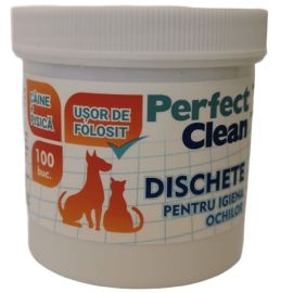 PERFECT CLEAN Dischete Umede Antiseptice, cu Musetel si Aloe Vera, Pentru Igiena Ochilor la Caini si Pisici, 100buc