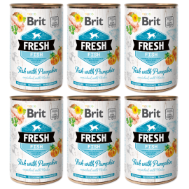 BRIT FRESH Peste si Dovleac, Set Conserve Hrana Umeda Caine (bucati carne in pateu) 6x400g