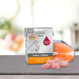 PLATINUM Menu Adult, Curcan si Somon, Hrana Umeda Pentru Caini 185g